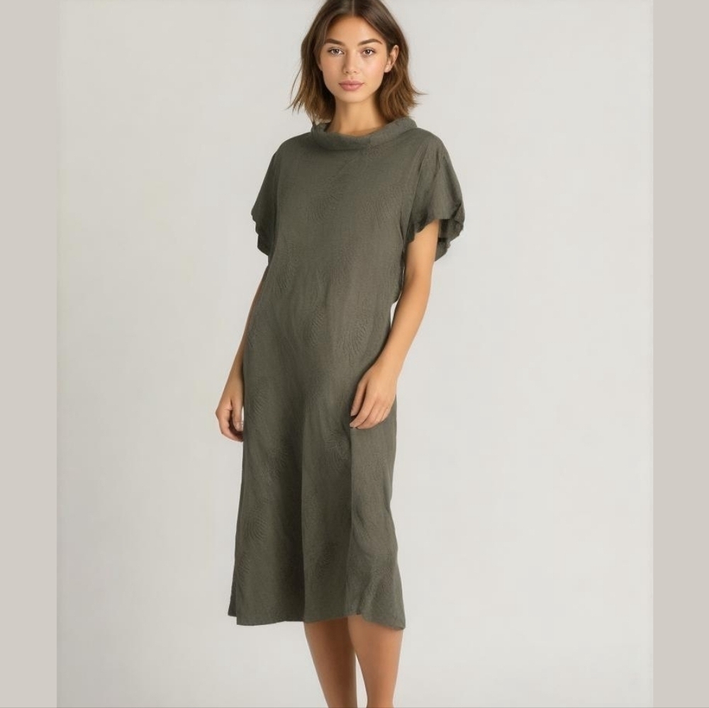 Lungo Larno Olive Green Linen Embroidered Leaves Cowl Neck Midi Tunic Dress Xl